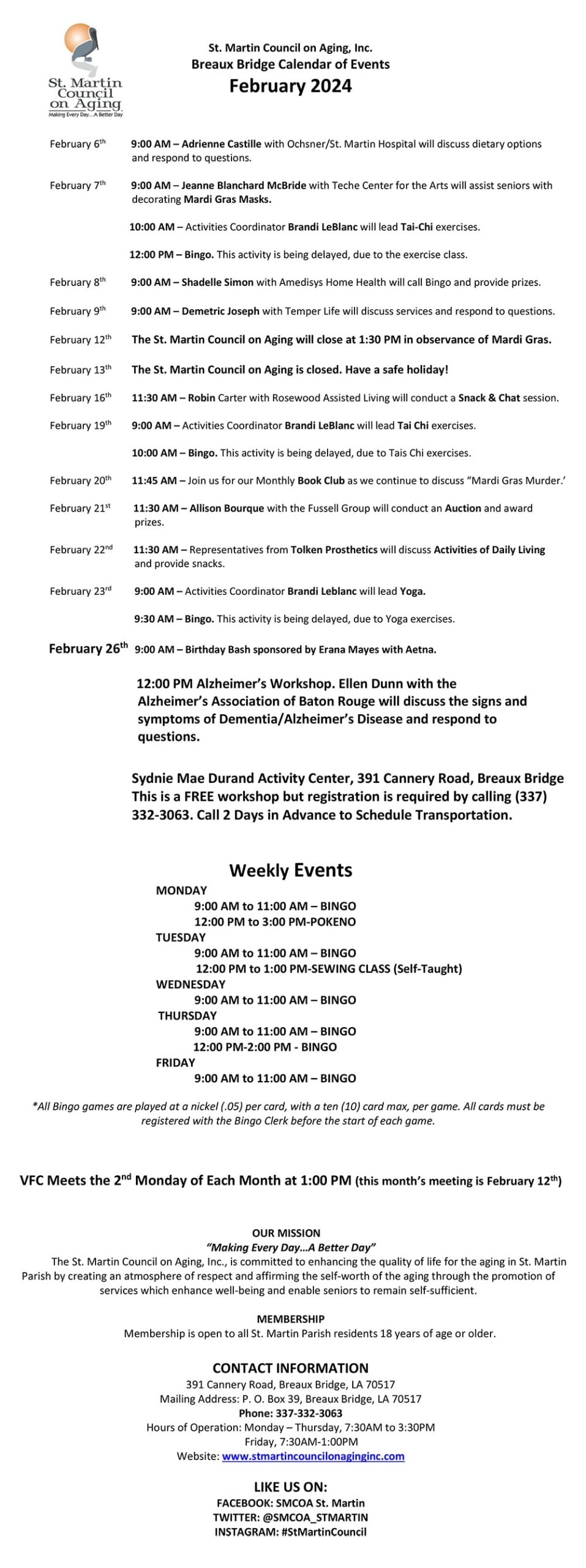 St. Martin Council on Aging, Inc.Breaux Bridge Calendar of EventsFebruary 2024