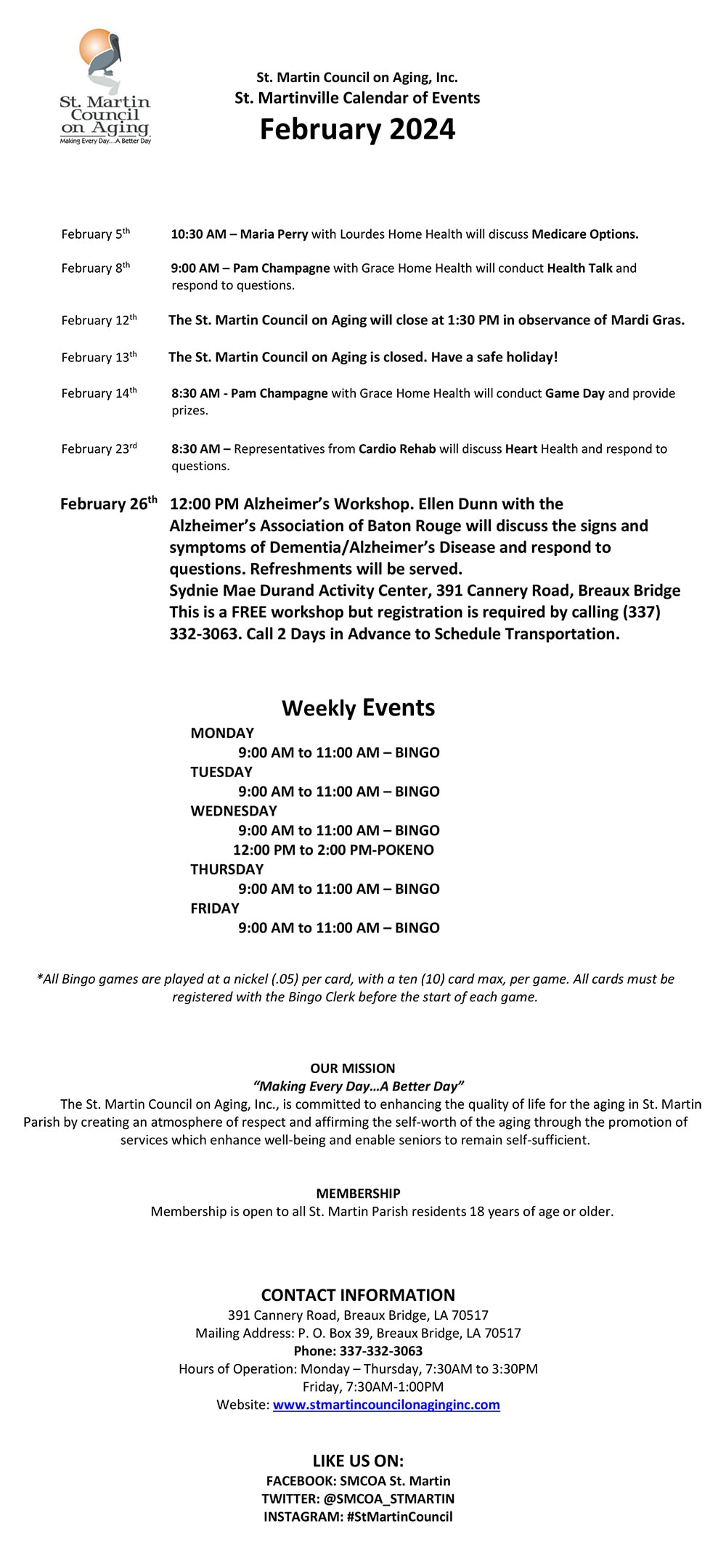 St. Martin Council on Aging, Inc.
St. Martinville Calendar of Events
February 2024