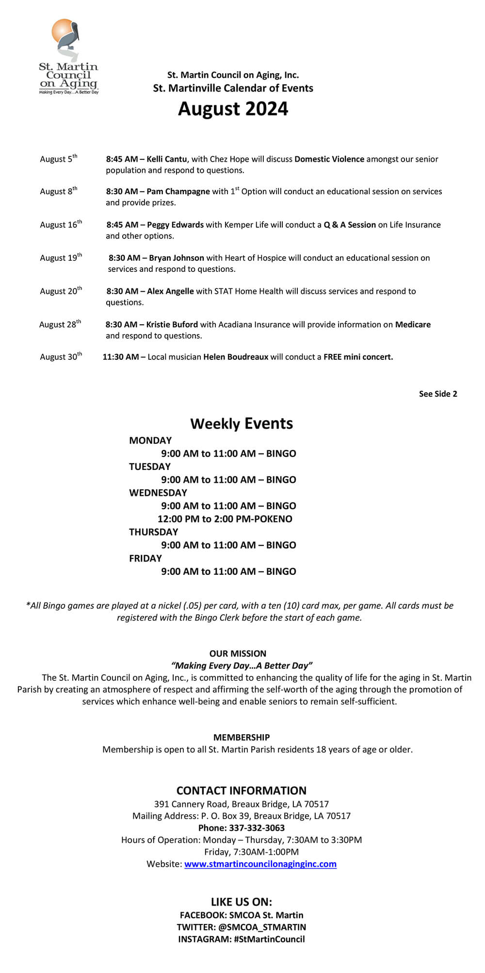 St. Martin Council on Aging, Inc. St. Martinville Calendar of Events August 2024