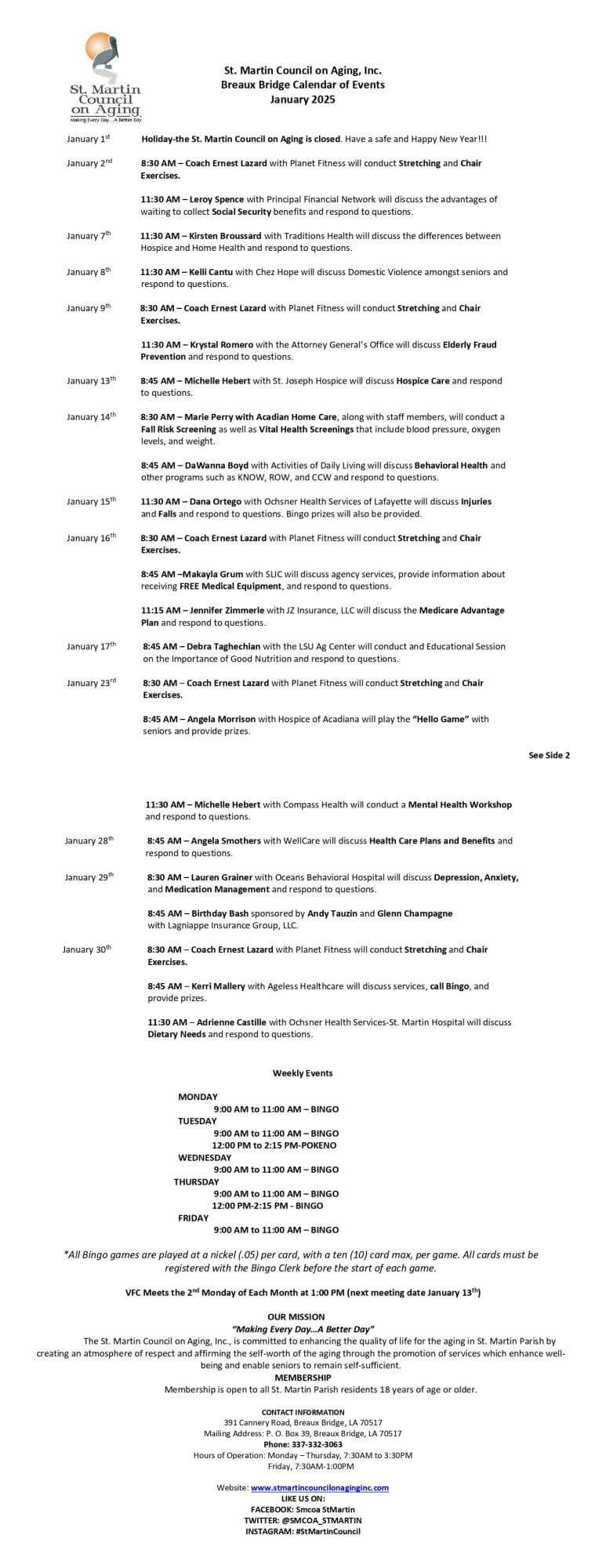 St. Martin Council on Aging, Inc.Breaux Bridge Calendar of Events January 2025