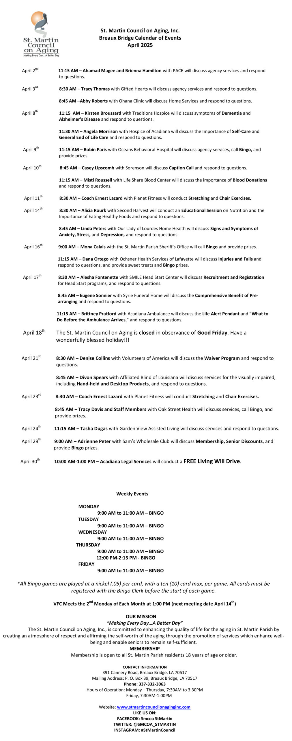 St. Martin Council on Aging, Inc. Breaux Bridge Calendar of Events April 2025