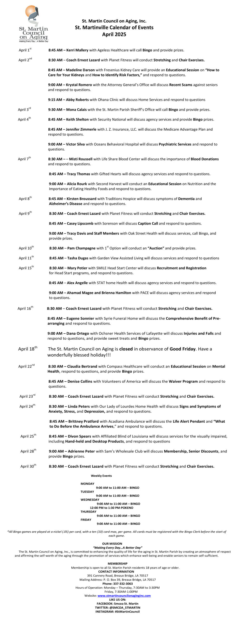 St. Martin Council on Aging, Inc. St. Martinville Calendar of Events April 2025