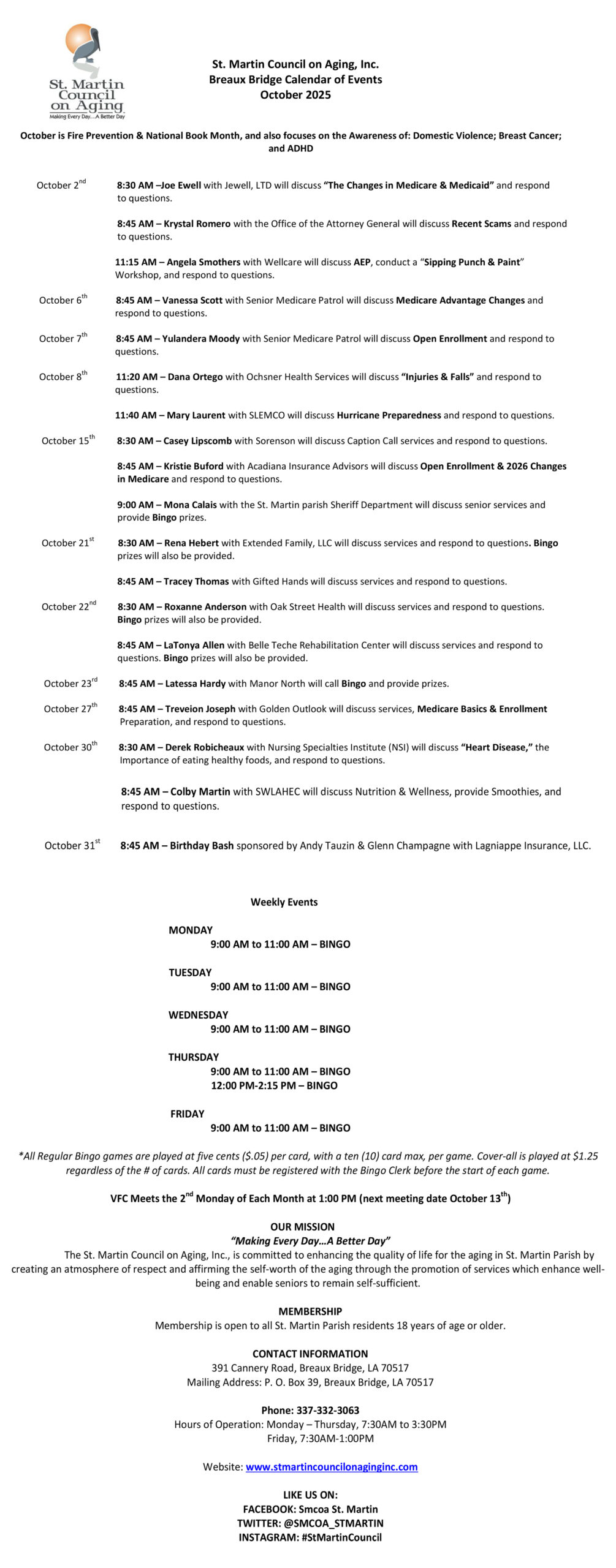 St. Martin Council on Aging, Inc. Breaux Bridge Calendar of Events October 2025