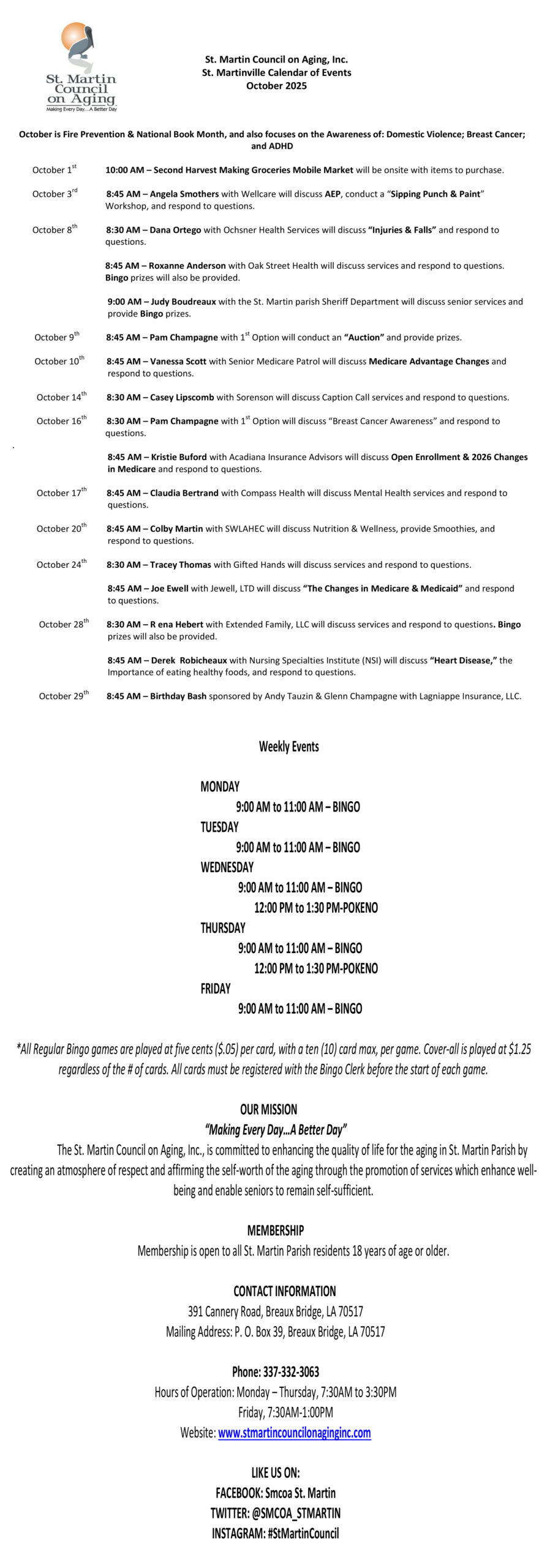 St. Martin Council on Aging, Inc. St. Martinville Calendar of Events October 2025
