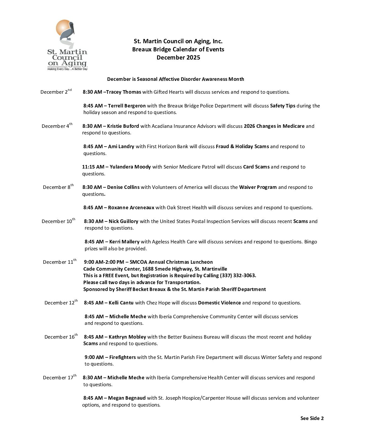 St. Martin Council on Aging, Inc. Breaux Bridge Calendar of Events December 2025
