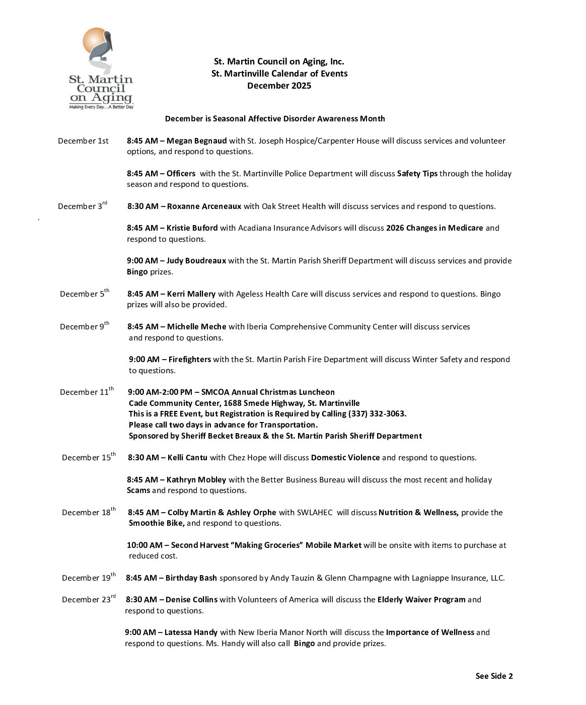St. Martin Council on Aging, Inc. St. Martinville Calendar of Events December 2025