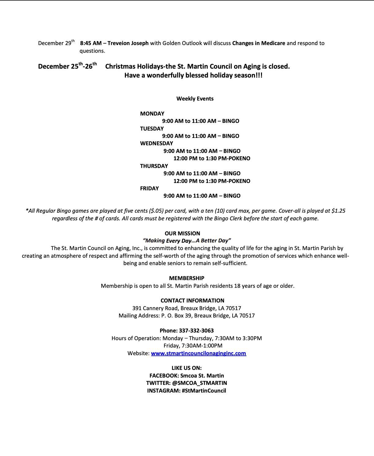 St. Martin Council on Aging, Inc. St. Martinville Calendar of Events December 2025