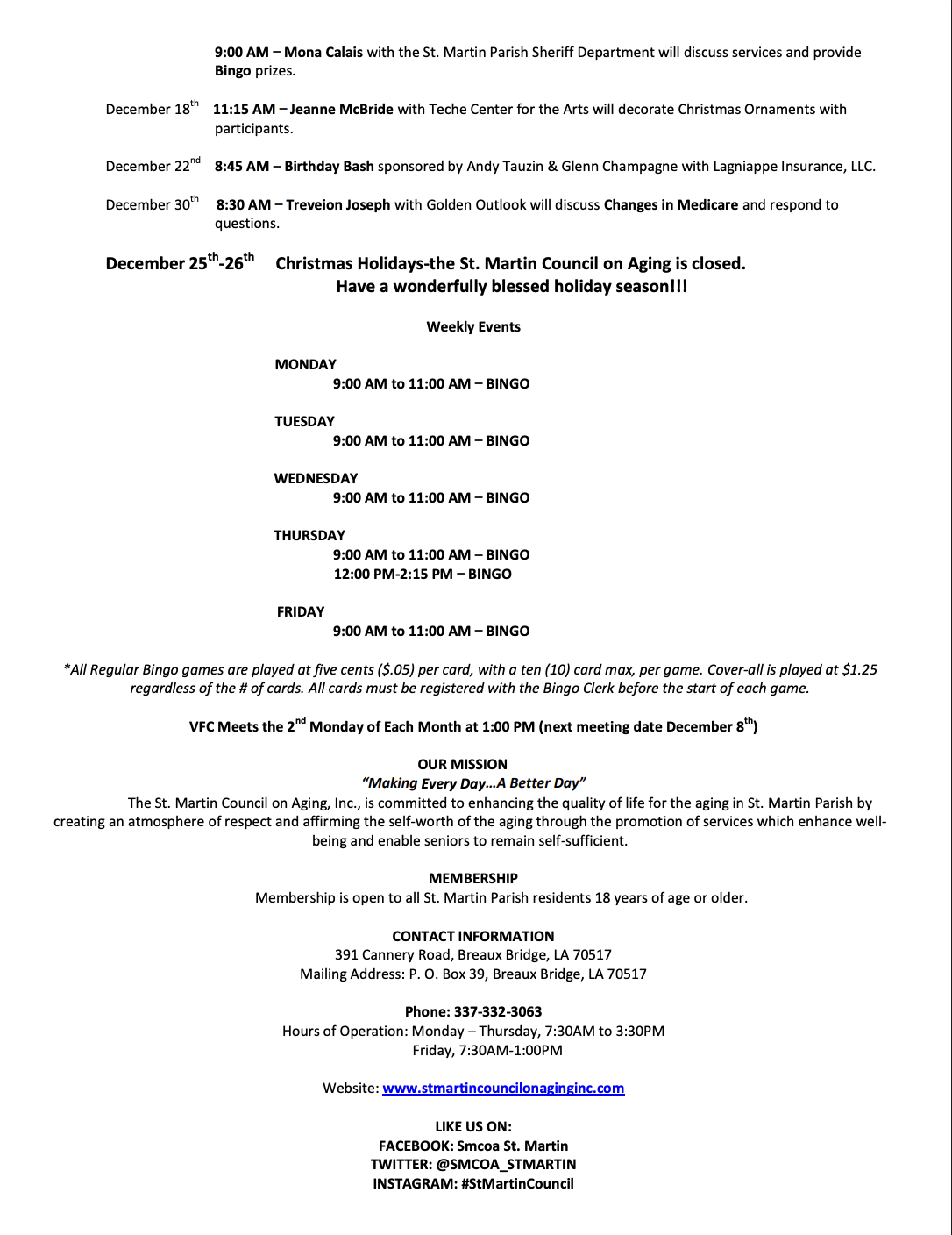 St. Martin Council on Aging, Inc. Breaux Bridge Calendar of Events December 2025