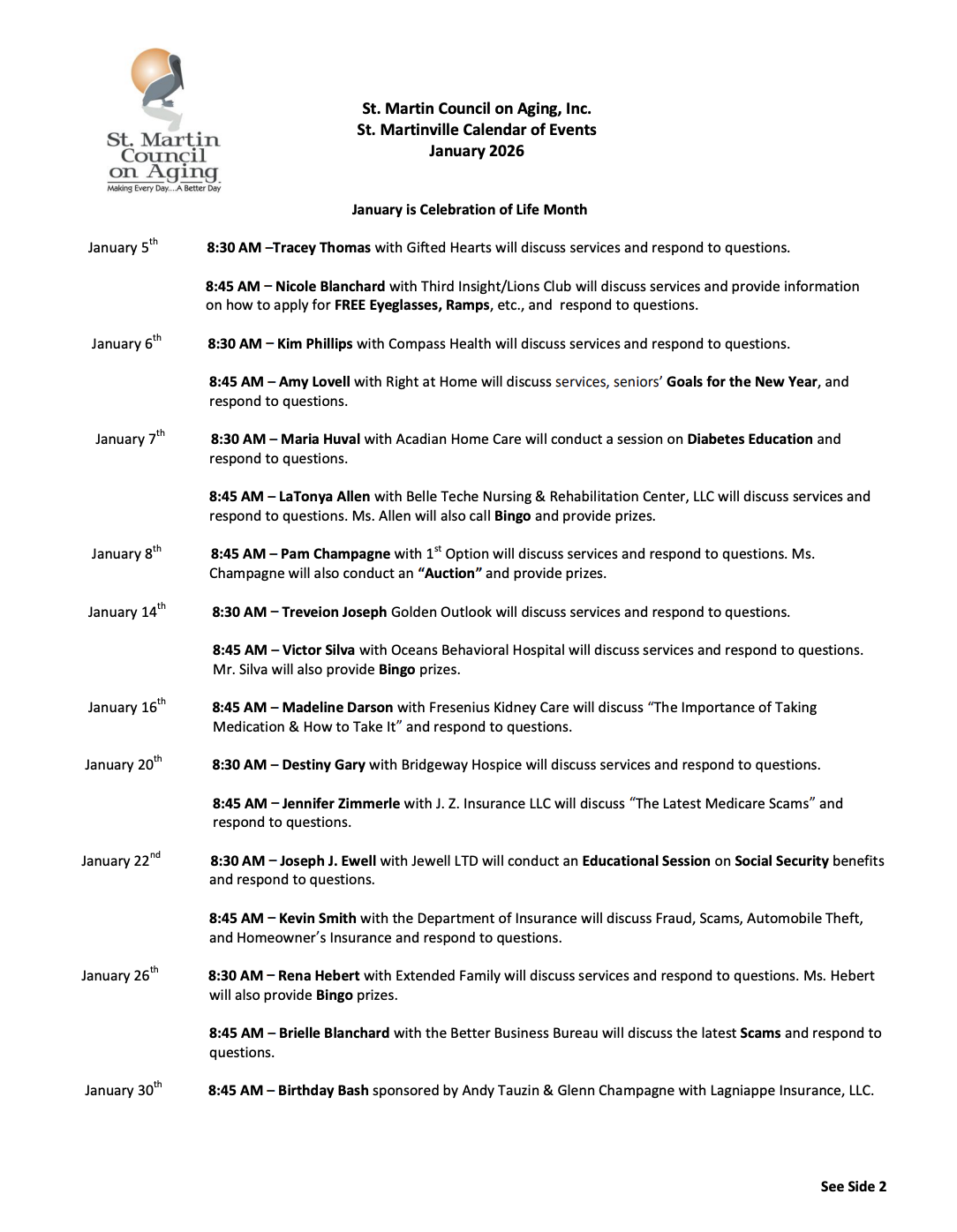 St. Martin Council on Aging, Inc. St. Martinville Calendar of Events January 2026