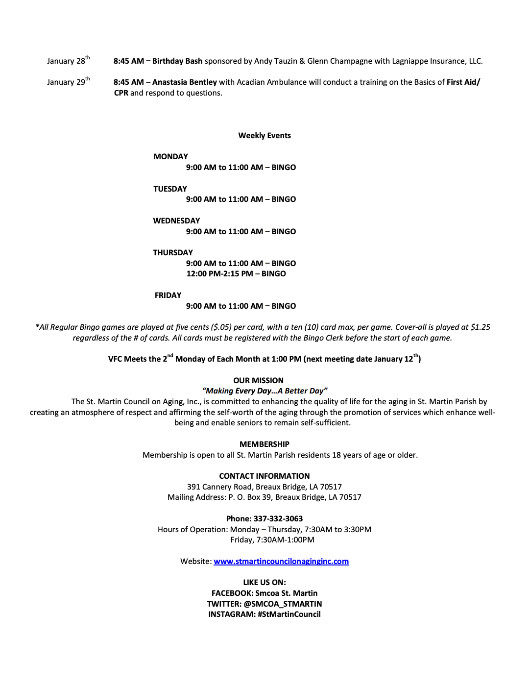 St. Martin Council on Aging, Inc.Breaux Bridge Calendar of Events
January 2026