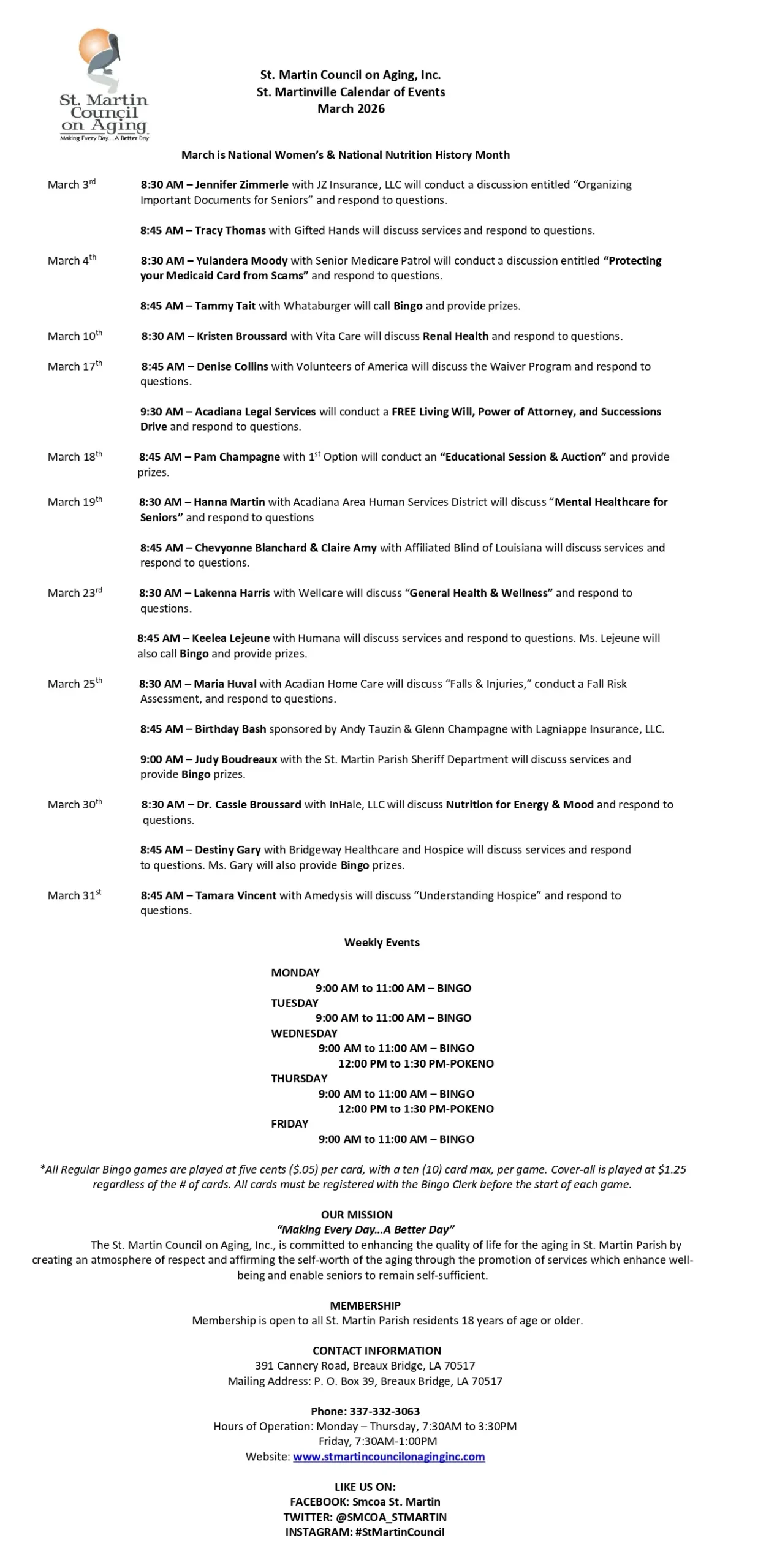 St. Martinville Calendar of Events March 2026